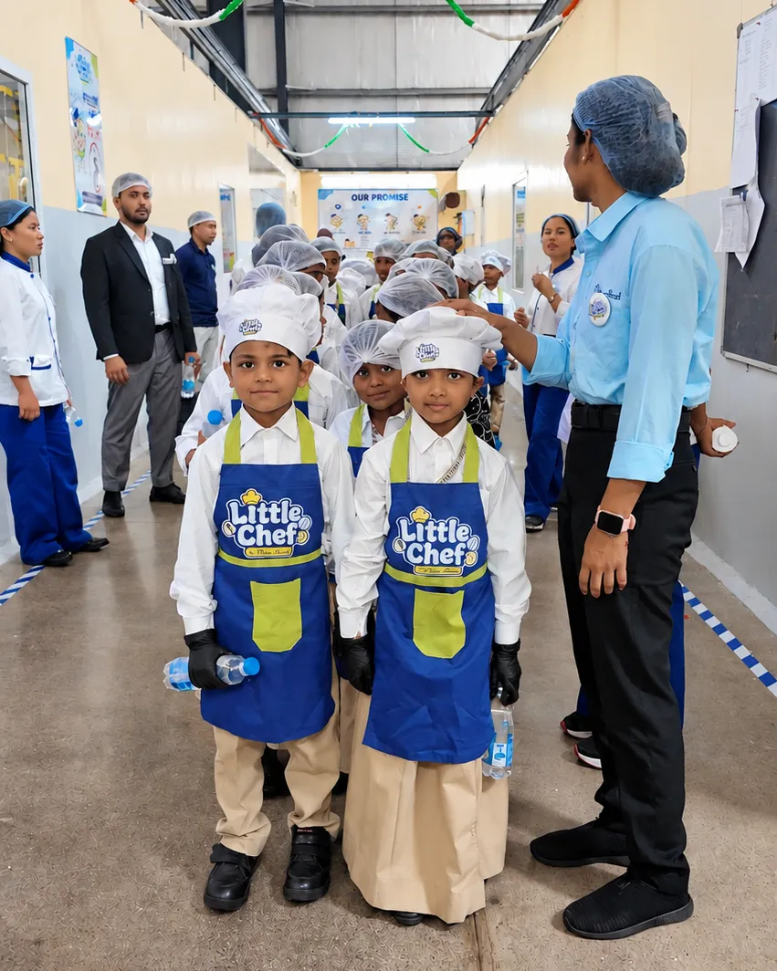 Little Chefs in aprons and caps lined up for their guided factory tour